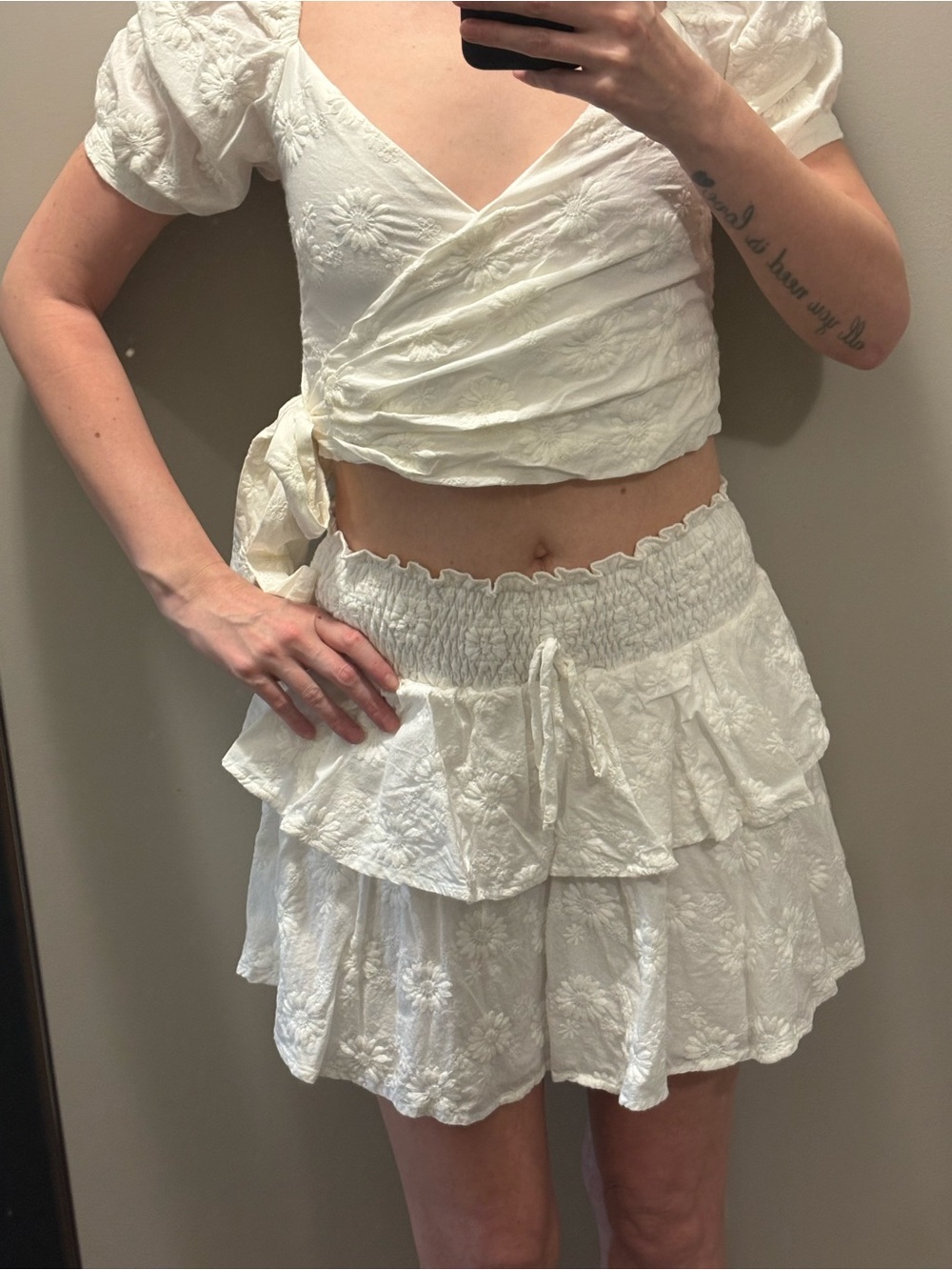 Vici White Embroidered Tiered Skirt Set